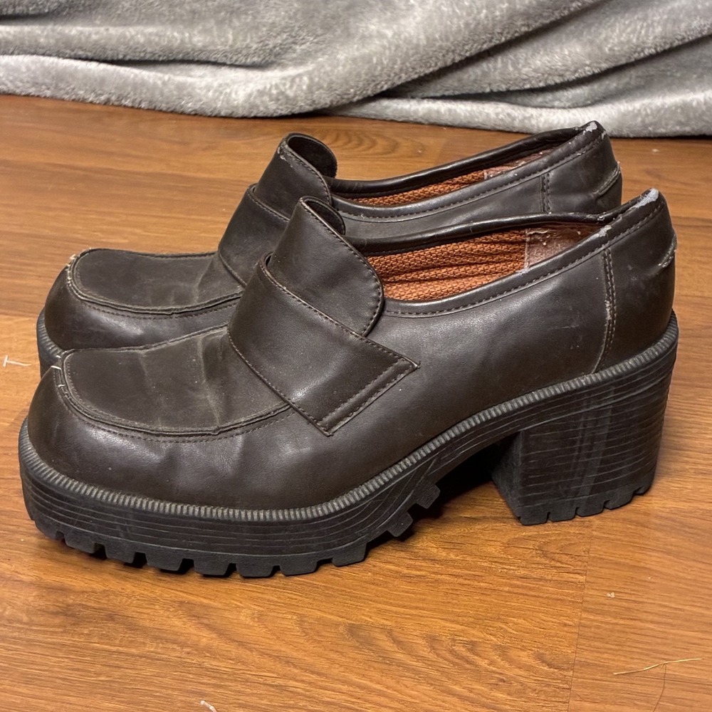 Vintage Lower East Side Dark Brown Chunky Platform Loafer Heels 8.5 Lug 90s Y2K